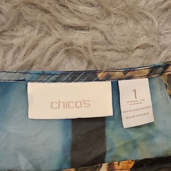 Chicos sheer‎ polyester blue and tan cheetah print flowy short sleeve shirt - Picture 3 of 6